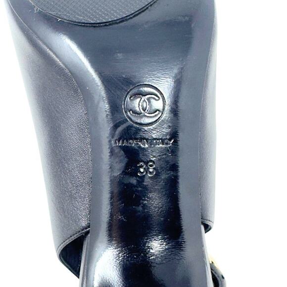 Chanel CC Logo Bow Black Gold Slingback Quilted Mary Jane Block Heels Loafers 38 - Picture 10 of 12